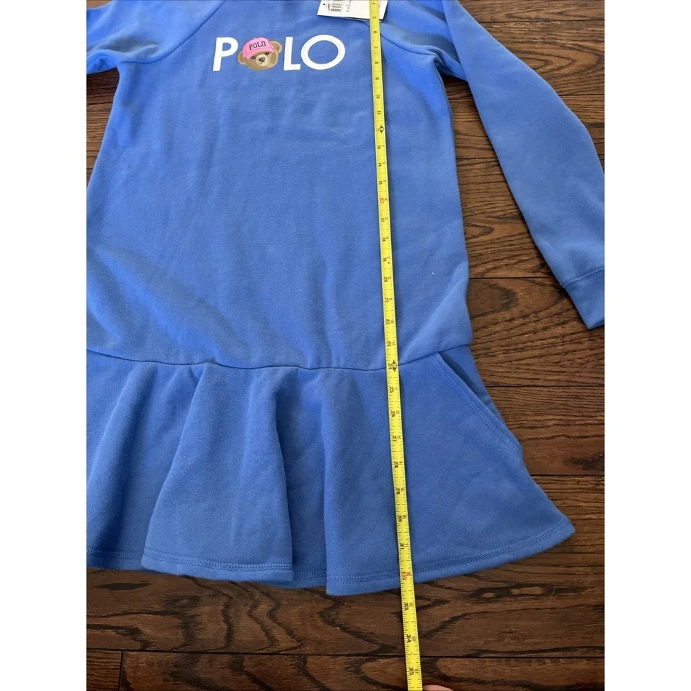 Ralph Lauren POLO BEAR Logo Fleece Long Sleeve Sweater Dress Girl L 12/14 Ruffle